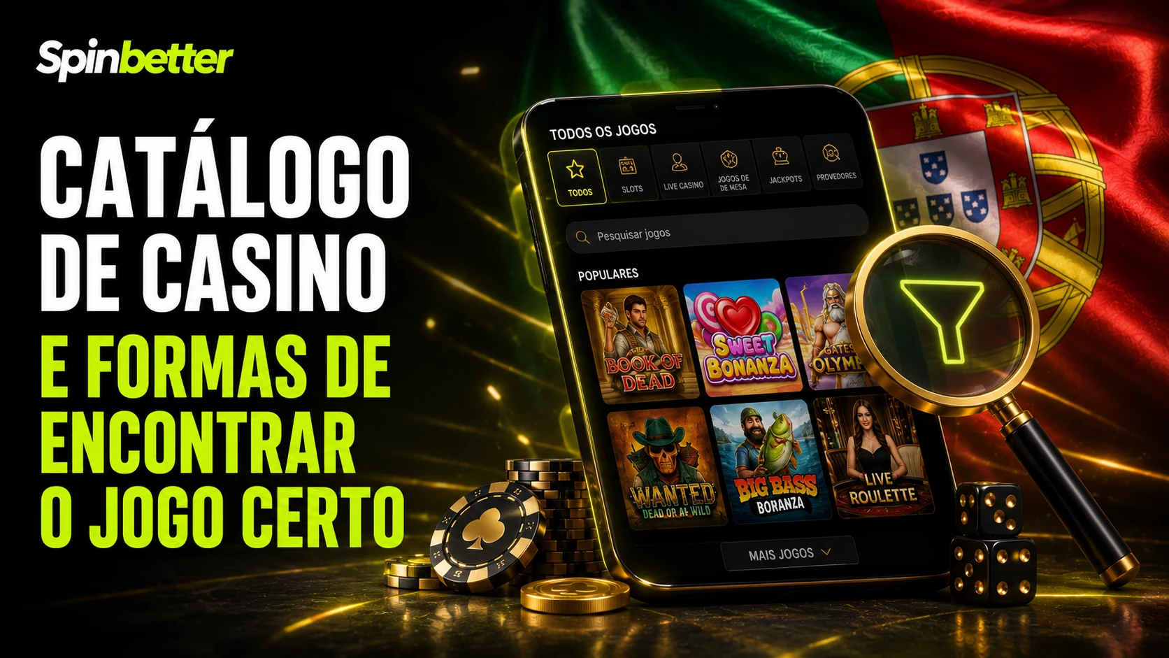 Catálogo de casino com os filtros de categoria e de fornecedor